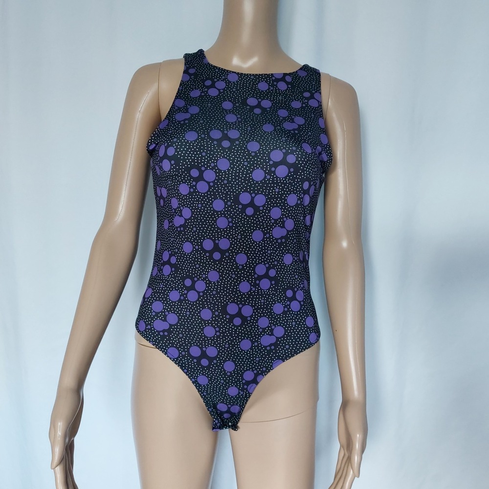 Small Bodysuit Tank Top Scoop Neck black purple print snap closure sleeveless